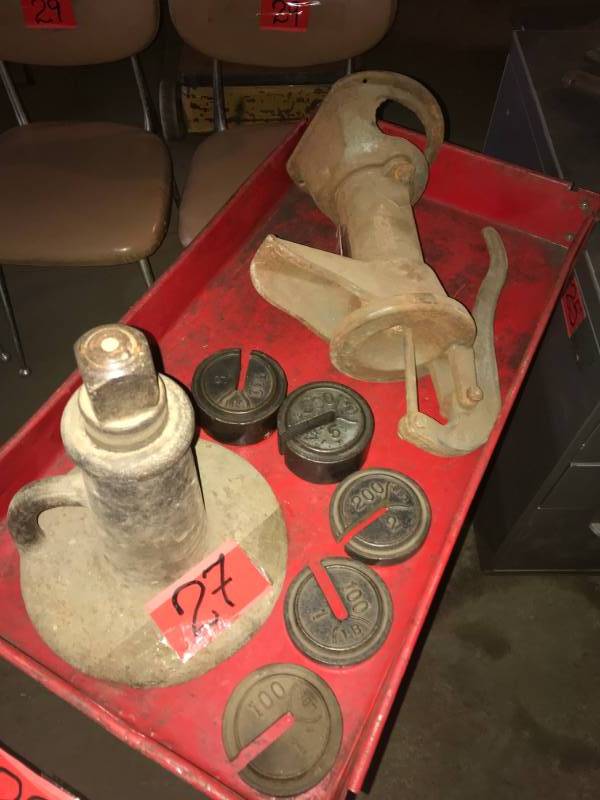 lot 27 image: Various Antique Items - Well Pump, Screw Jack, Large qty drill bits, Jack Hammer Head, Scale Weights