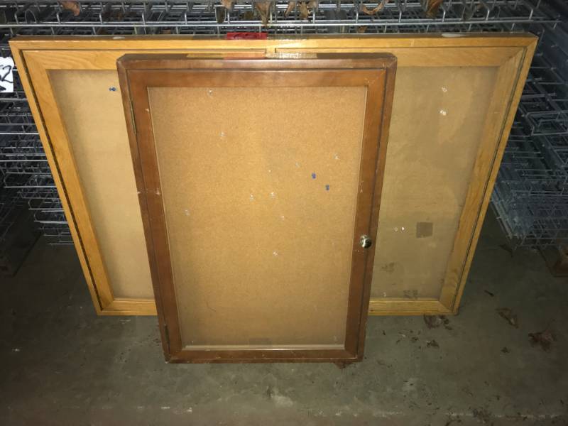 lot 65 image: 2- Bulletin Boards Wood Frames, Cork Backs, 1- Lockable