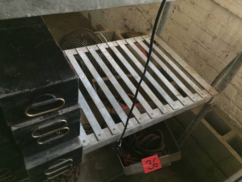 lot 181 image: Large heavy duty Mid Century Market Forge Galvanized Shelf on heavy duty wheels