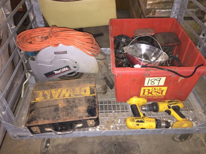 lot 189 image: 3- DeWalt Power Tools, Makita 14 Chop Saw (does not power up), Box of lights