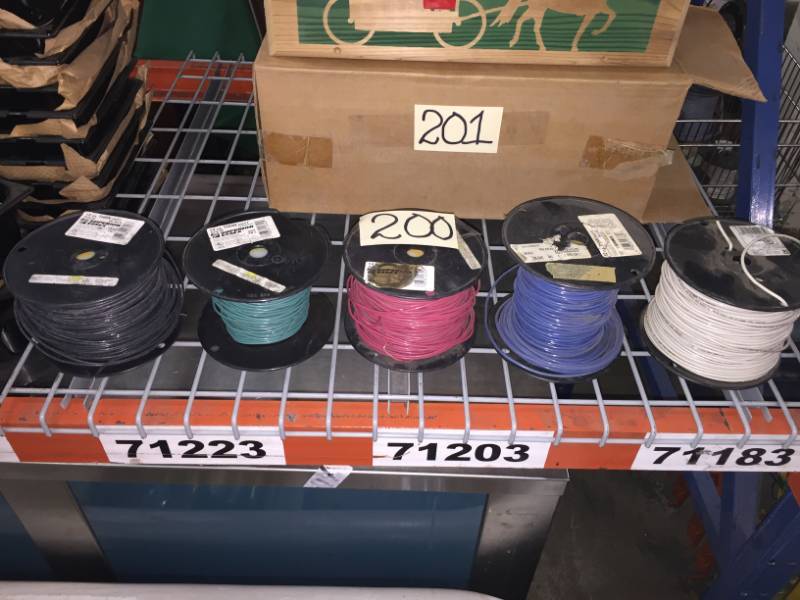 lot 200 image: Spools of copper wire (5ct) 3 are 14 gauge, 2 are 12 gauge