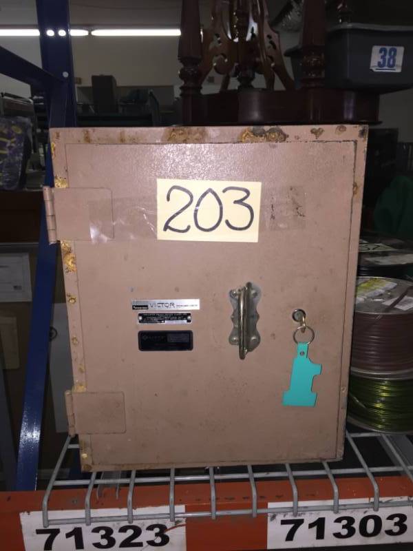 lot 203 image: Small Safe Cabinet wkey Victor Brand Treasure Chest Rated 350