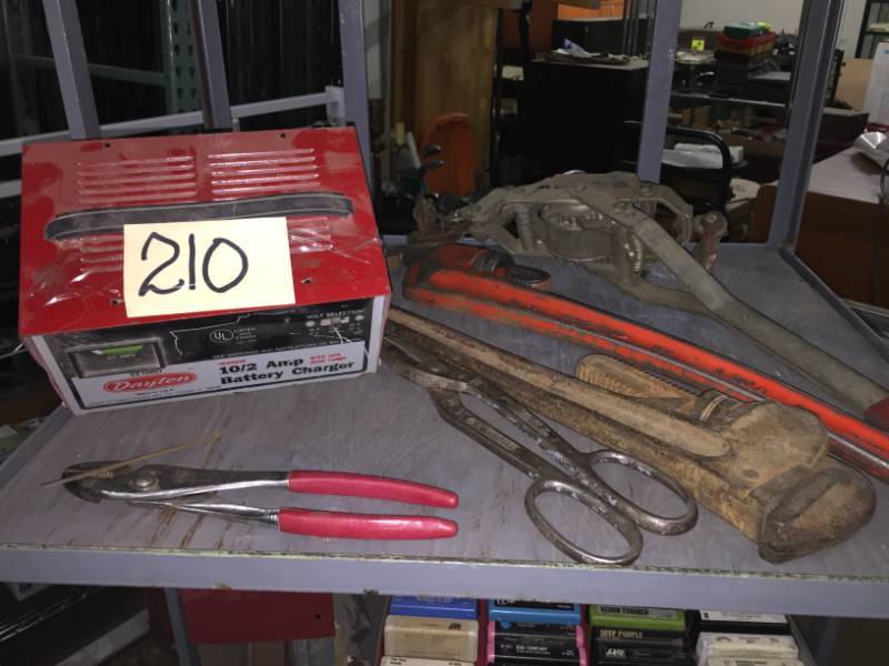 lot 210 image: Shelf of Tools & Battery Charger