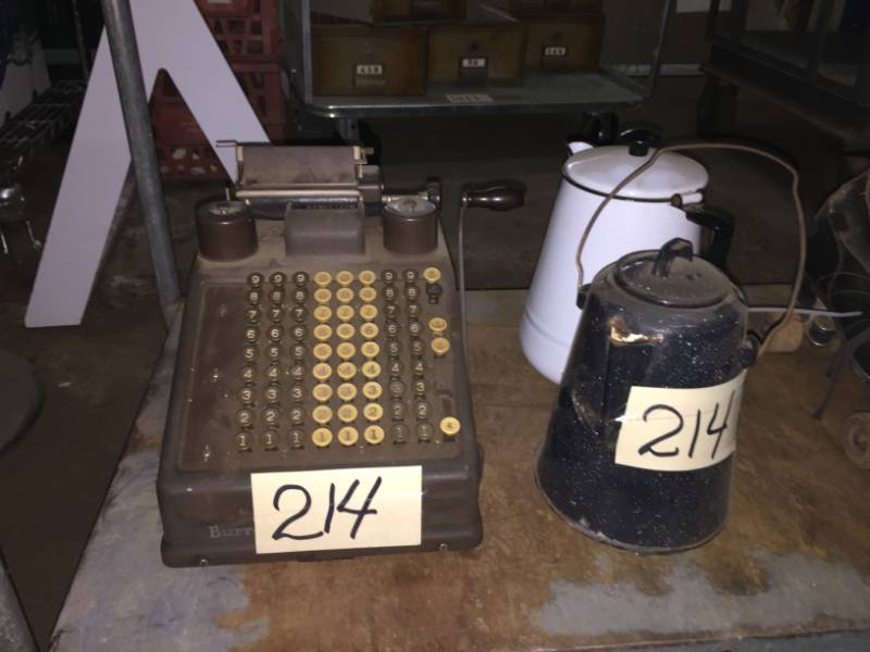 lot 214 image: Mid Century Roller Skates, Burroughs adding machine, enamelware pitcher