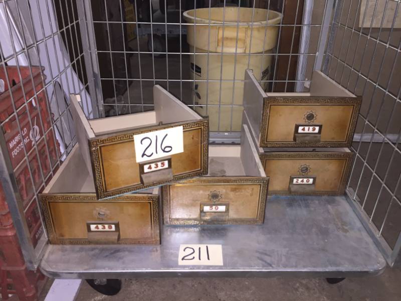 lot 216 image: Authentic Mid Century Post Office Boxes Solid Brass Fronts