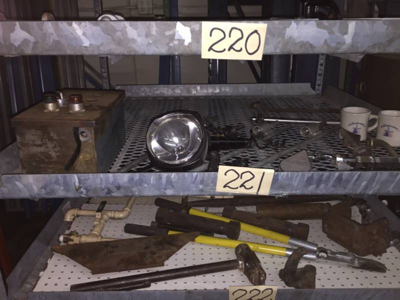 lot 221 image: Shelf of Misc including stakes & spotlight