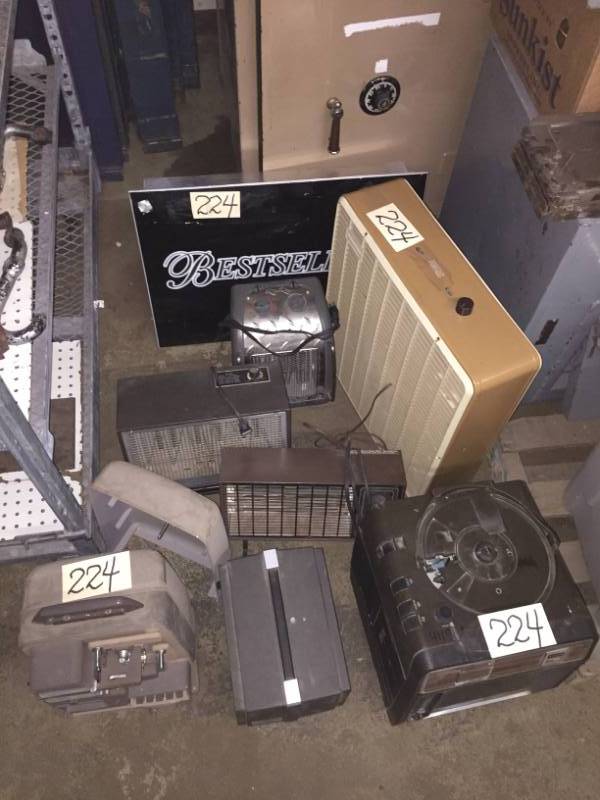 lot 224 image: Group of Diverse Items- Lighted Sign, Fan, Heaters (3), Keystone 110 Film Projector, Bell & Howell Auto Load USA all power up