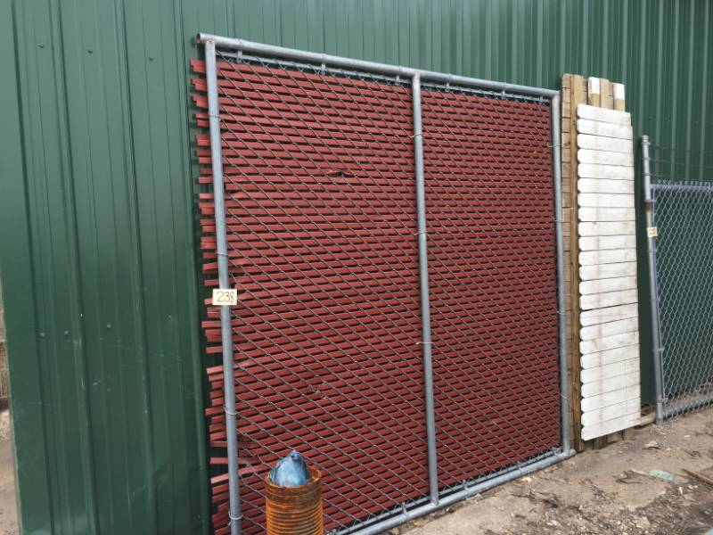 lot 238 image: 2- Fence Panels Wire & Pipe Galvanized 91Lx91H & 101Lx83H and 3 Wood Panels 96Lx24H