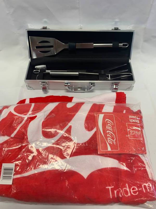 lot 70 image: New BBQ Set in Aluminum Case & 2 Coke Beach Towels
