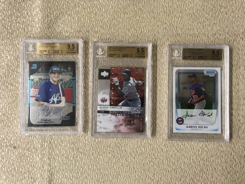lot 294 image: 2005 Bowman Draft Picks Aflac Chrome Chris Parmelee Card Mint 9.5, 2007 Upper Deck Future Stars All- Star Prospects Alexi Casilla Card Mint 9.5, 2011 Bowman Chrome Prospects Aaron Hicks Card Mint 9.5