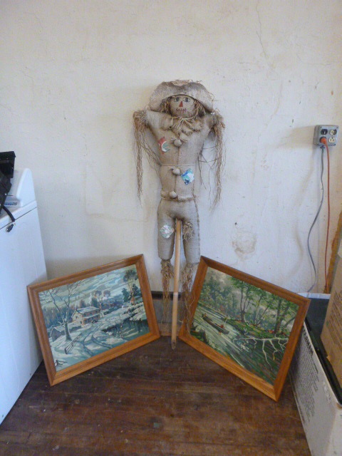 lot 112 image: 2 Framed Oil Paintings and Decorative Scarecrow