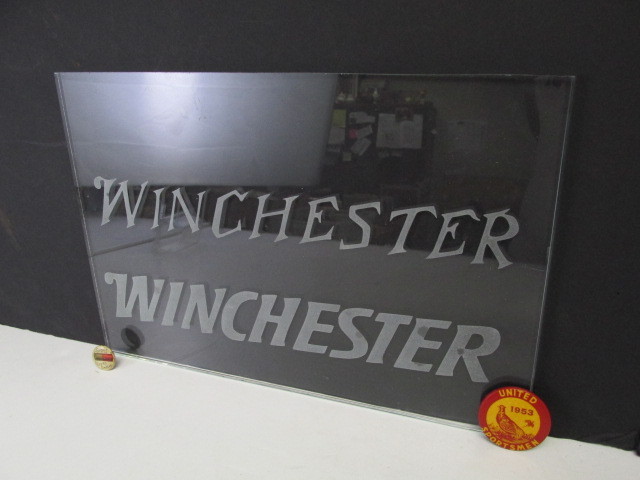 lot 51 image: Vintage Etched Glass WINCHESTER Glass Display Window & Antique PETERS Ammo Pin