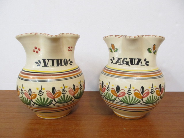lot 153 image: Vintage Signed Mexican Pottery Water & Wine Pitchers