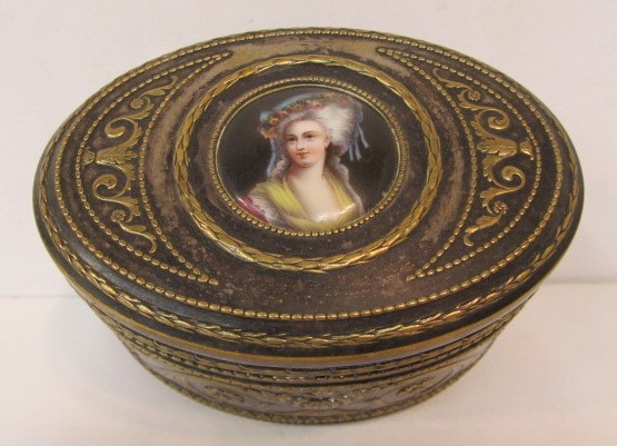 lot 155 image: Signed Antique German WMF Ornate Brass & Silver Plated Trinket Box wHand Painted Porcelain Portrait
