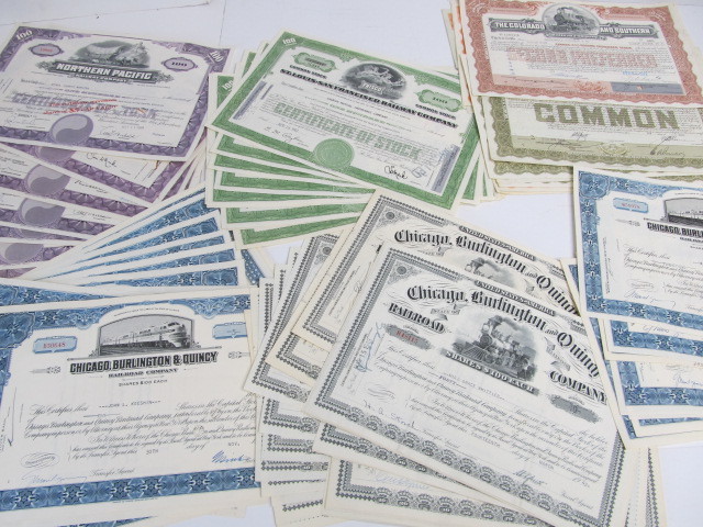 lot 215 image: Lot of 100 Vintage RAILROAD Stock Certificates