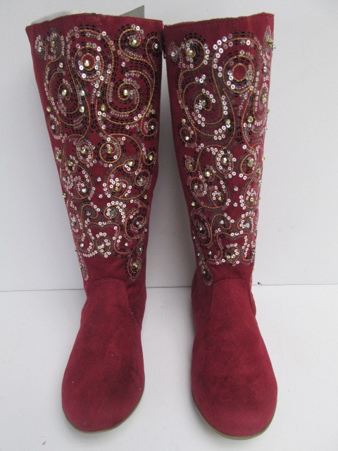 lot 198 image: NEW Womens Red Faux Suede Fashion Boots Gold & Silver Bead Accent - Size 11M