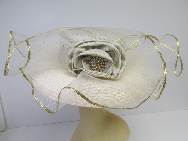 lot 197 image: BEAUTIFUL Ladies ASHRO Fancy Hat - Ivory Wide Brim Fabric Rosette w Jewel Center & Lace Ruffles Gold Shimmer
