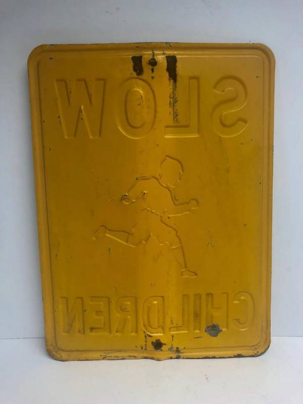 lot 175 image: Old Vintage Embossed Steel SLOW CHILDREN AT PLAY Street Sign