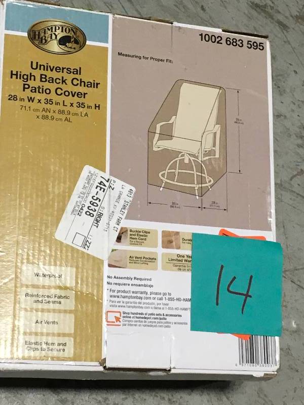 lot 14 image: Hampton Bay Univrsal Back Chair Patio Cover not used