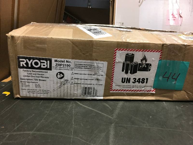 lot 44 image: Ryobi Reconditioned ONE 90 MPH 200 CFM 18-Volt Lithium-Ion Cordless Leaf Blower - 2.0 Ah Battery and Charger Included