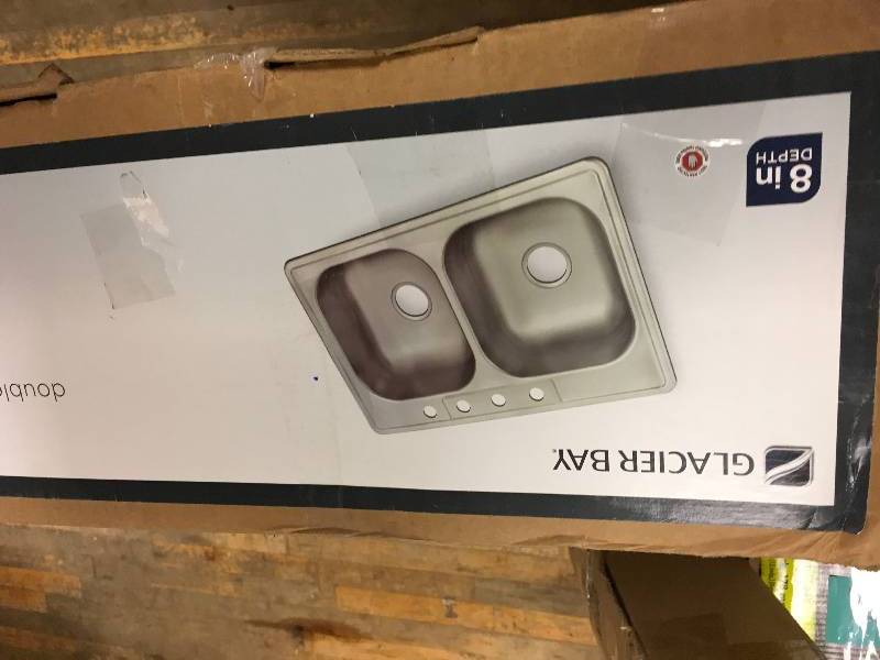 lot 60 image: Glacier Bay Drop-In Stainless Steel 33 in. 3-Hole 5050 Double Bowl Kitchen Sink not used