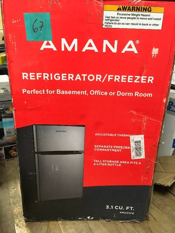 lot 67 image: Amana 3.1 cu. ft. compact mini refrigerator with true freezer not used