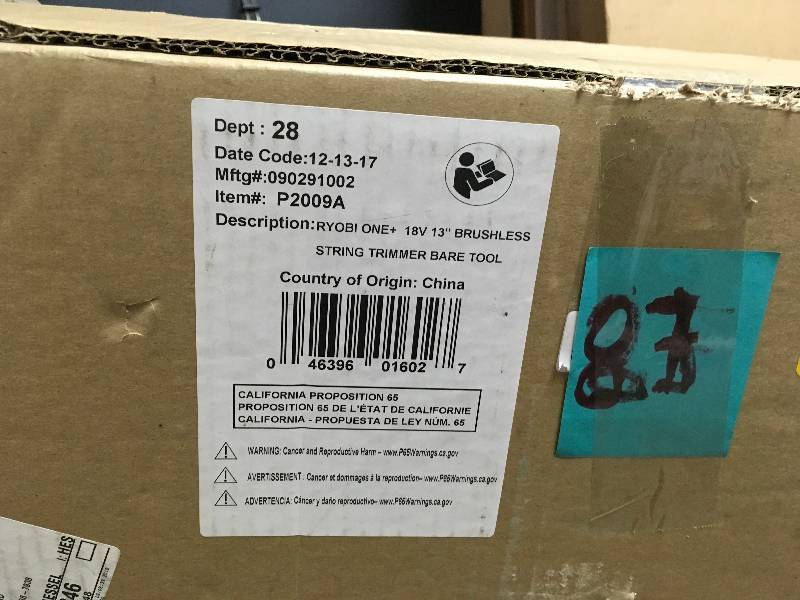 lot 87 image: Ryobi ONE 18-Volt Lithium-Ion Brushless Cordless Electric String Trimmer Battery and Charger Not Included in good condition
