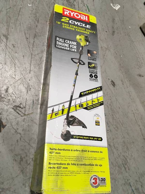 lot 93 image: Ryobi 25cc 2-Cycle Attachment Capable Full Crank Straight Gas Shaft String Trimmer not used