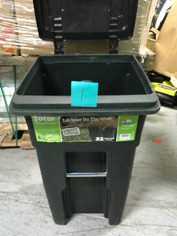 lot 1 image: Toter 48 Gal. Greenstone Trash Can with Wheels and Attached Lid not used