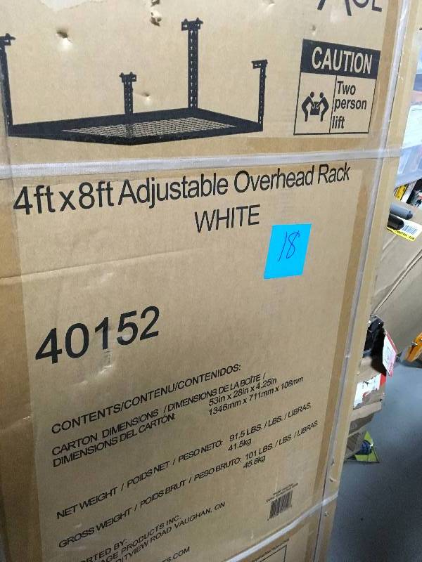 New Age 4 ft x 8 ft adjustable overhead rack new white