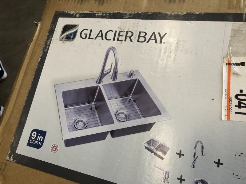 Glacier Bay All-in-One Dual Mount Stainless Steel 33 in. 2-Hole 5050 Double Bowl Kitchen Sink in Brushed Finish in good conditions