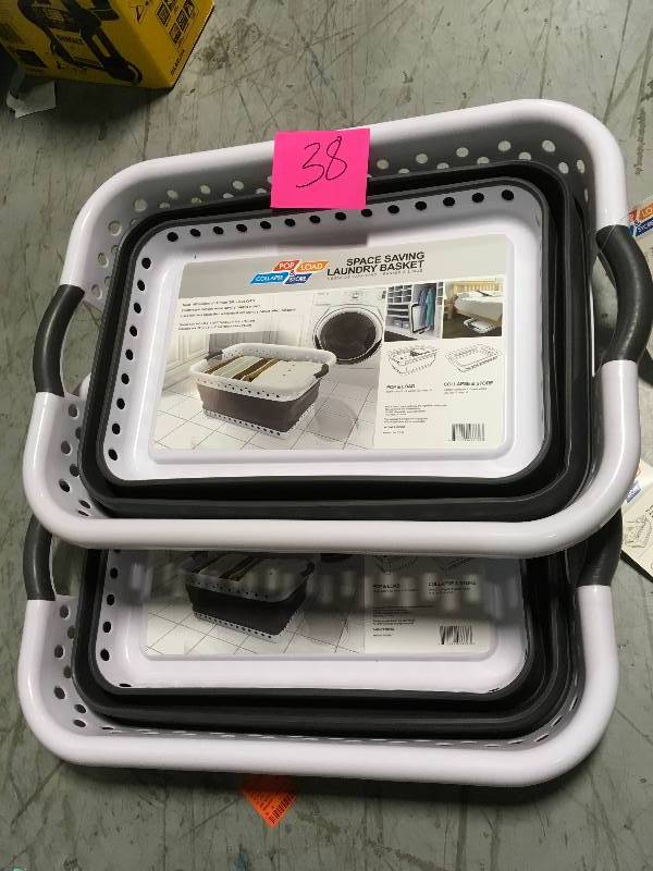 Pop and Load White and Gray Collapsible Plastic and Rubber Laundry Basket lot of 2