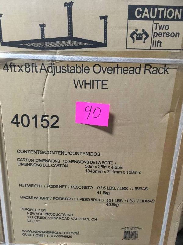 New Age 4 ft x 8 ft adjustable overhead rack new white lot OF 2