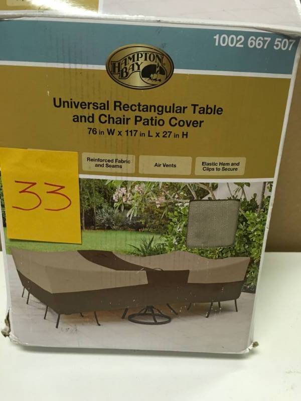 lot 33 image: Hampton Bay Universal Rectangular Table and Chair Cover not used