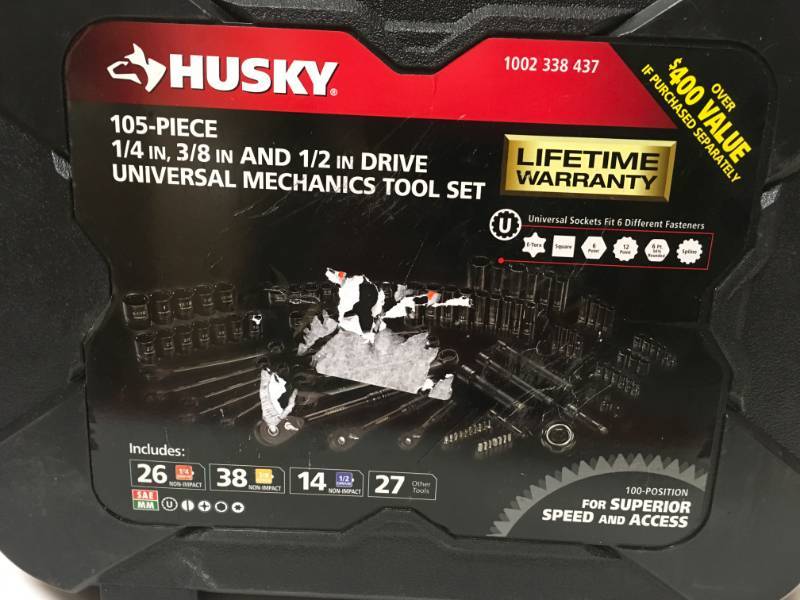 lot 45 image: Husky 14 in., 38 in. and 12 in. Drive 100-Position Universal SAE and Metric Mechanics Tool Set (105-Piece)