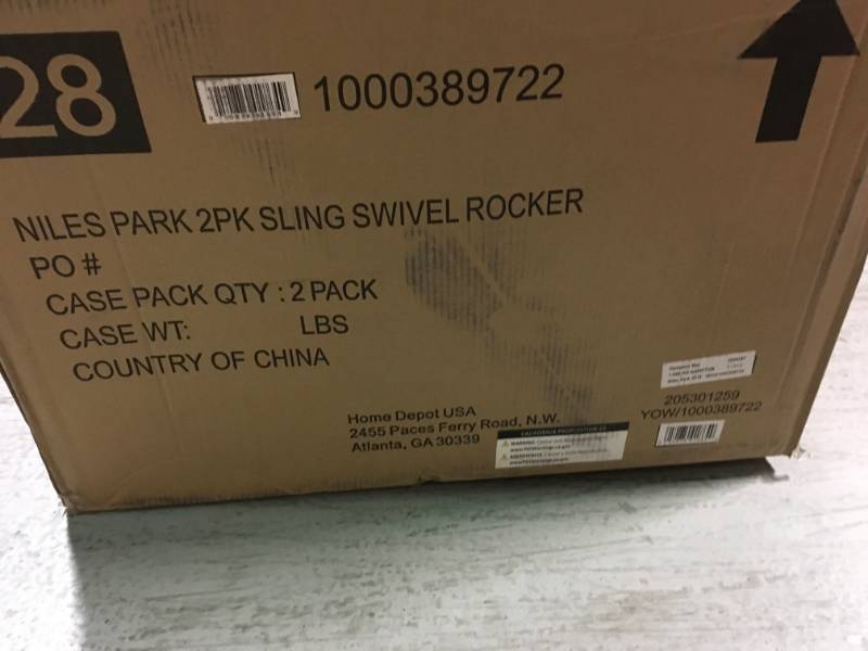 lot 50 image: Hampton Bay Chairs Niles Park Sling Patio Swivel Rocker (2-Pack) not used