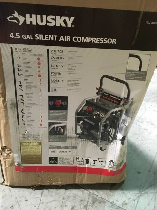 lot 84 image: Husky 4.5 Gal. Portable Electric-Powered Silent Air Compressor in working conditions