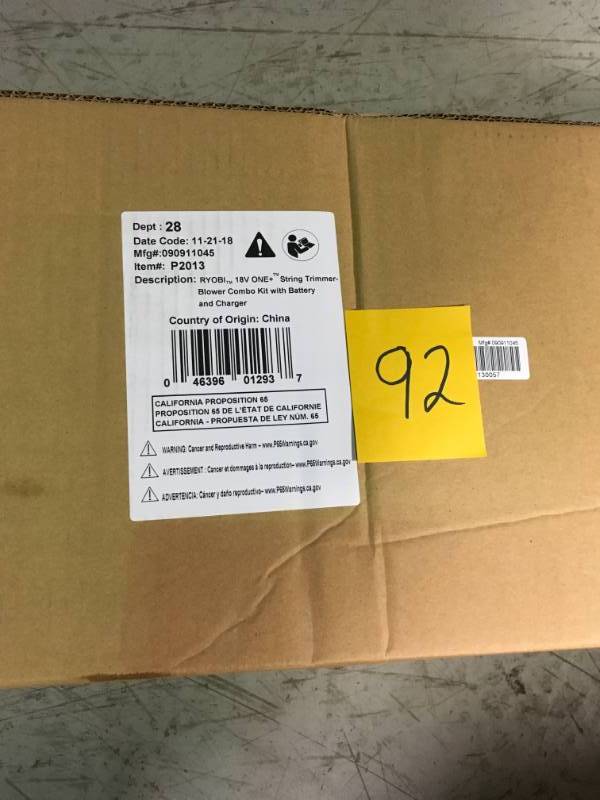 lot 92 image: Ryobi ONE 18-Volt Lithium-Ion String TrimmerEdger and BlowerSweeper Combo Kit - 2.6Ah Battery and Charger Included in very good condition