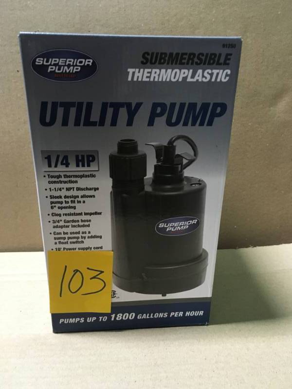lot 103 image: Superior Pump Submersible Thermoplastic Utility Pump 14 HP in very good condition