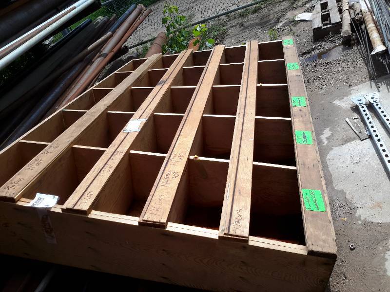 lot 61 image: Wood Toolparts bin.  Approx 10ft x 48 in x 12in deep