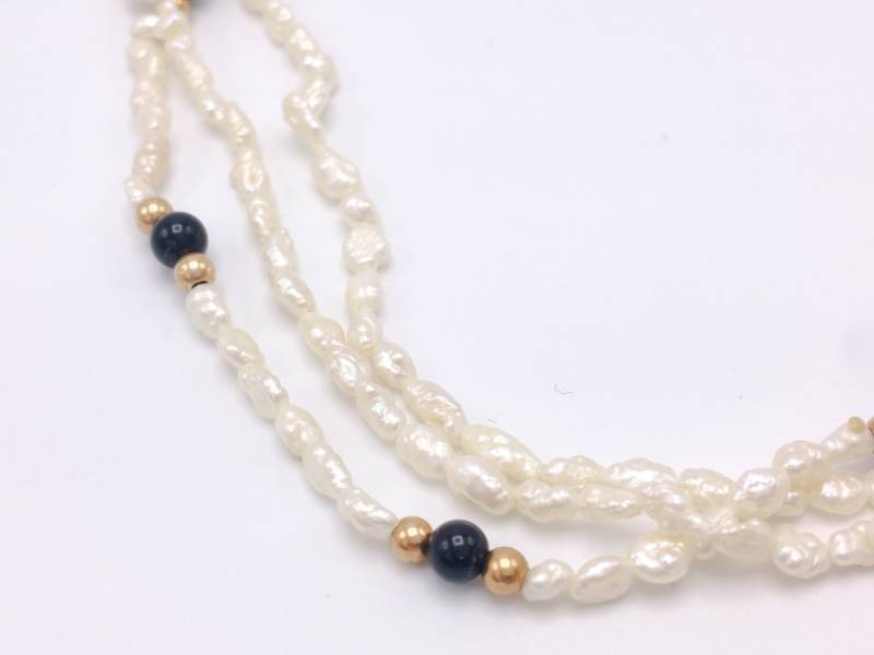 lot 38 image: Beautiful Triple Strand Pearl Estate Necklace with 14k Gold Beads and Clasp
