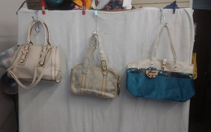lot 34 image: 2-Cream Purses (Like New), 1-Sequin Tote Bag (With Tags)