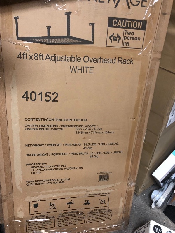 Lot 2 NewAge Products Performance 96 in. L x 48 in. W x 42 in. H Adjustable VersaRac Ceiling Storage Rack in white not used qty are 2