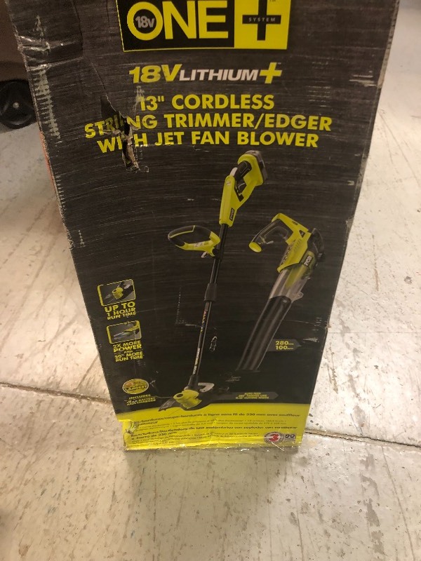 RYOBI ONE 18-Volt Lithium-Ion Cordless String TrimmerEdger and Jet Fan Blower Combo Kit - 4.0 Ah BatteryCharger Included in good conditions