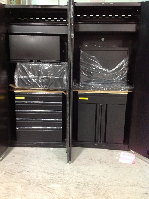 Husky Heavy Duty Welded 156 in. W x 81 in. H x 24 in. D Steel Garage Cabinet Set in Black (8-Piece) large cabinets have some damage please review pictures as stock photo was used to display item retails for $$2300