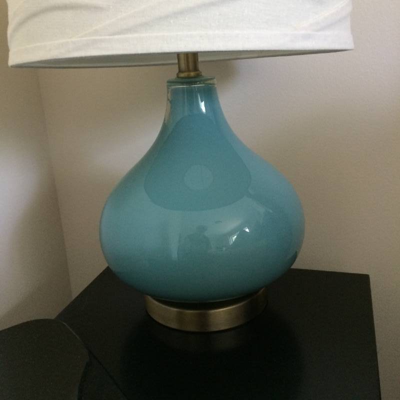 lot 16 image: LOVELY BLUE GLASS GOURD LAMP WITH FABRIC SHADE - EXCELLENT CONDITION