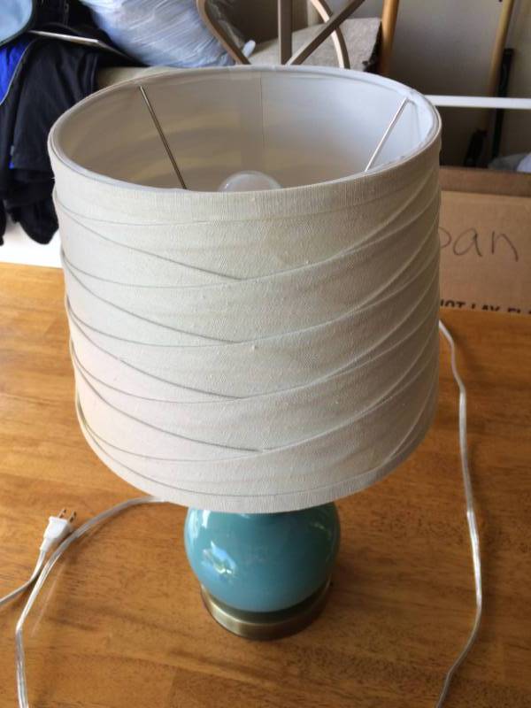 lot 38 image: LOVELY BLUE GLASS GOURD LAMP WITH FABRIC SHADE - EXCELLENT CONDITION