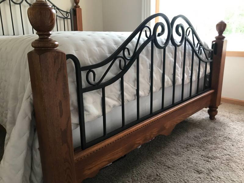 lot 30 image: LOVELY FRENCH OAK & WROUGHT IRON QUEEN SIZE BED FRAME WITH SOLID SQUARE WOOD POSTS BY SCHNEIDERMANS FURNITURE - INCLUDES 3 YEAR OLD MATTRESS FROM HOM FURNITURE STORE - EXCELLENT CONDITION