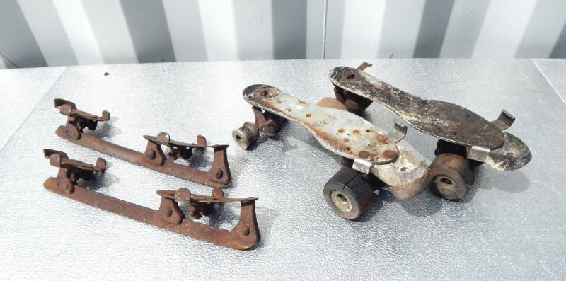 lot 21 image: Lot of Antique Ice Skate Blades and Roller Skates