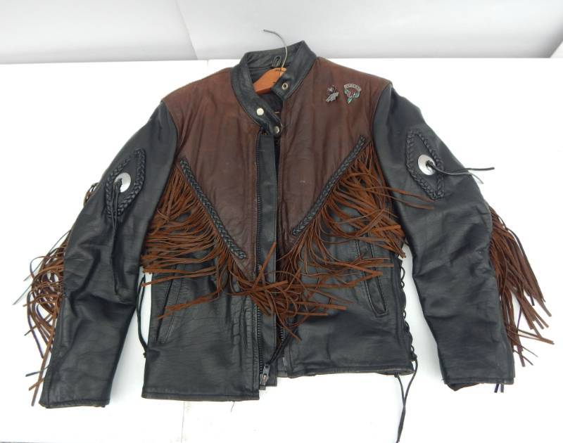 lot 37 image: Lot of Vintage Womens Leather and Suede Tassel Jackets With Vintage Sturgis Pins